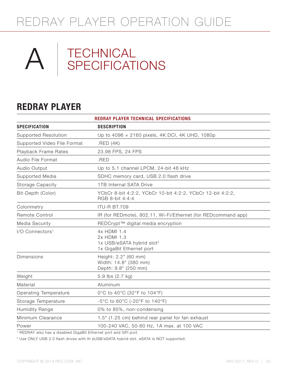 Technical specifications, Redray player, Redray player operation guide | RED REDRAY PLAYER User Manual | Page 32 / 66