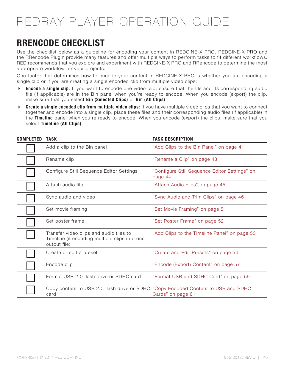 Rrencode checklist, Redray player operation guide | RED REDRAY PLAYER User Manual | Page 40 / 66