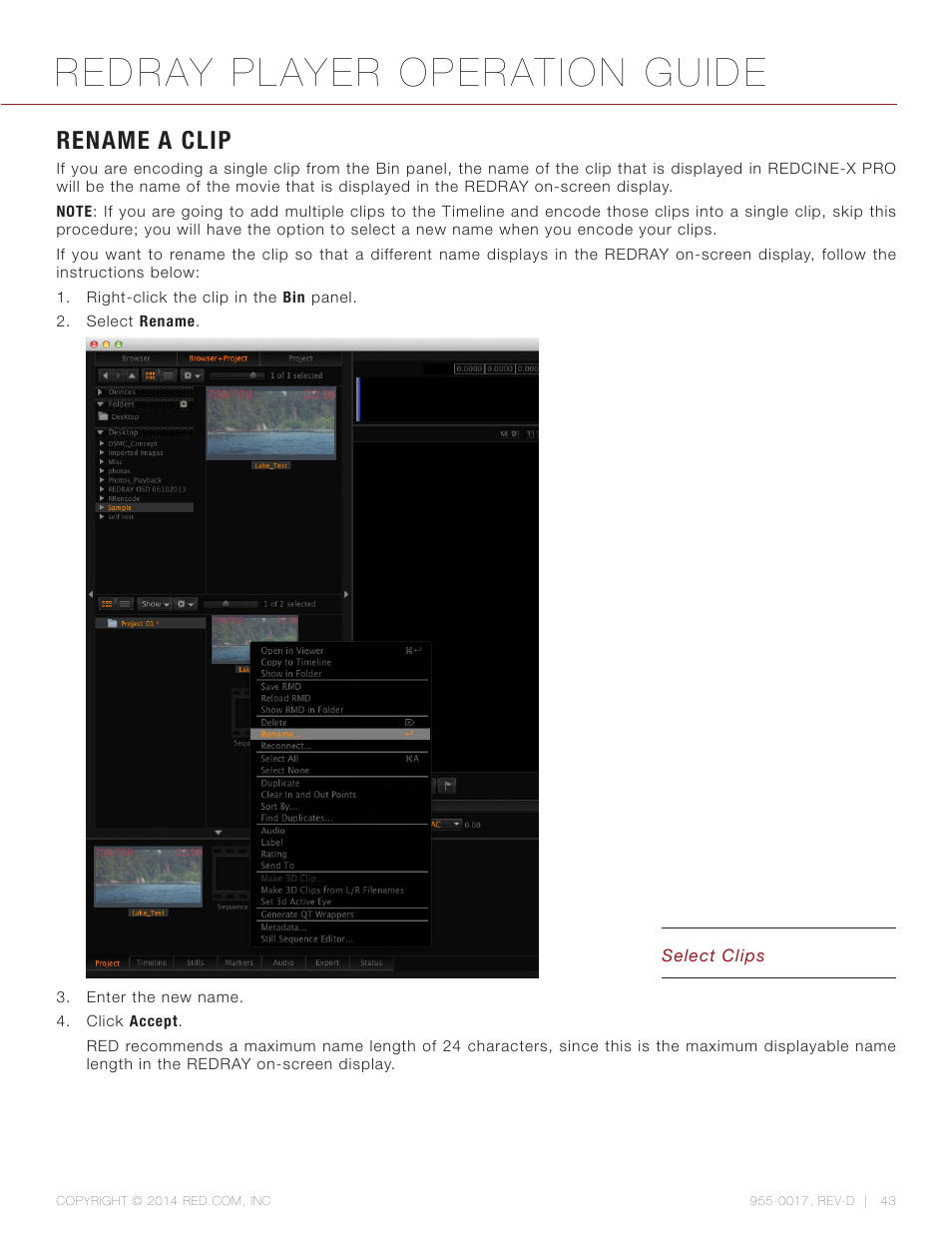 Rename a clip, Redray player operation guide | RED REDRAY PLAYER User Manual | Page 43 / 66