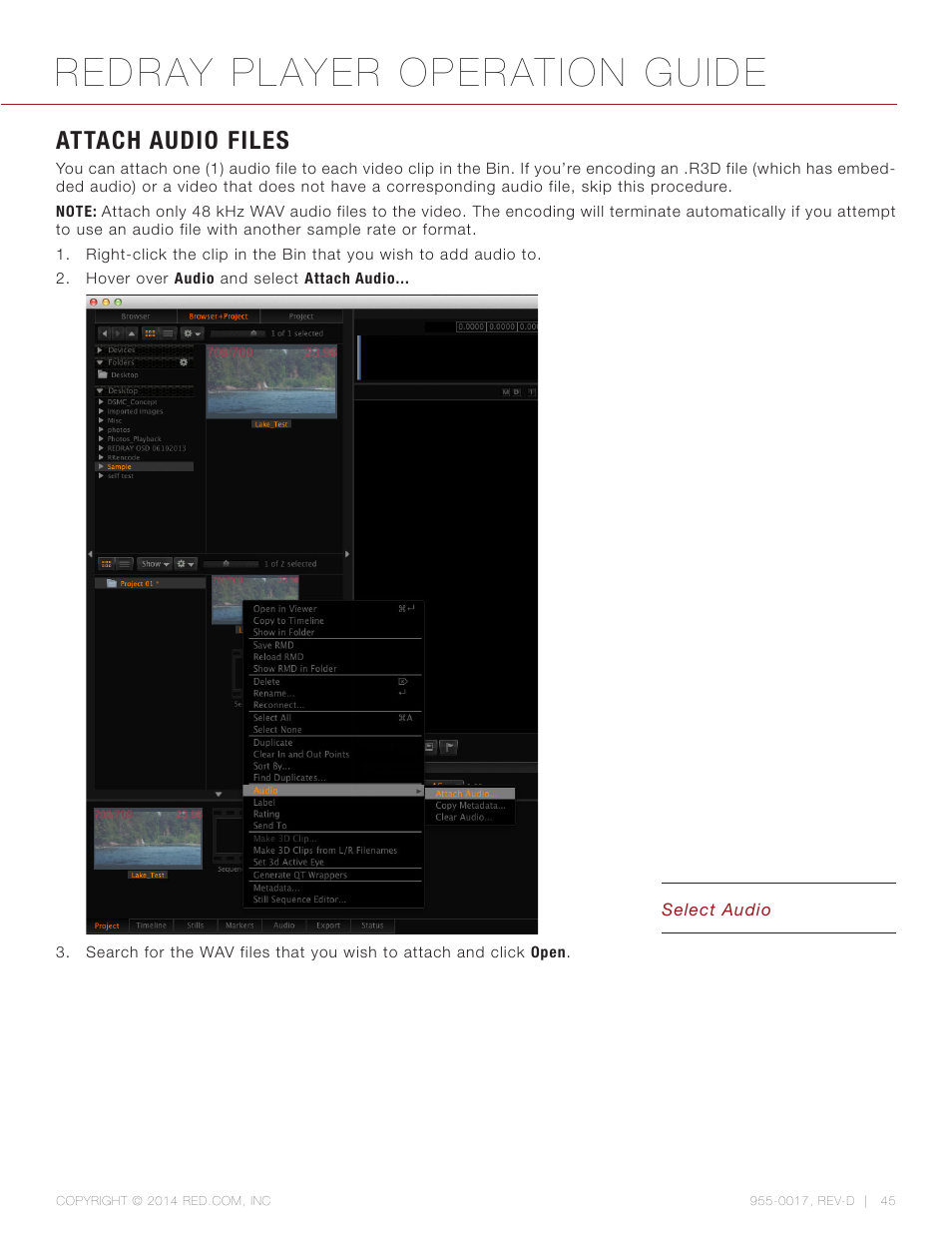 Attach audio files, Redray player operation guide | RED REDRAY PLAYER User Manual | Page 45 / 66