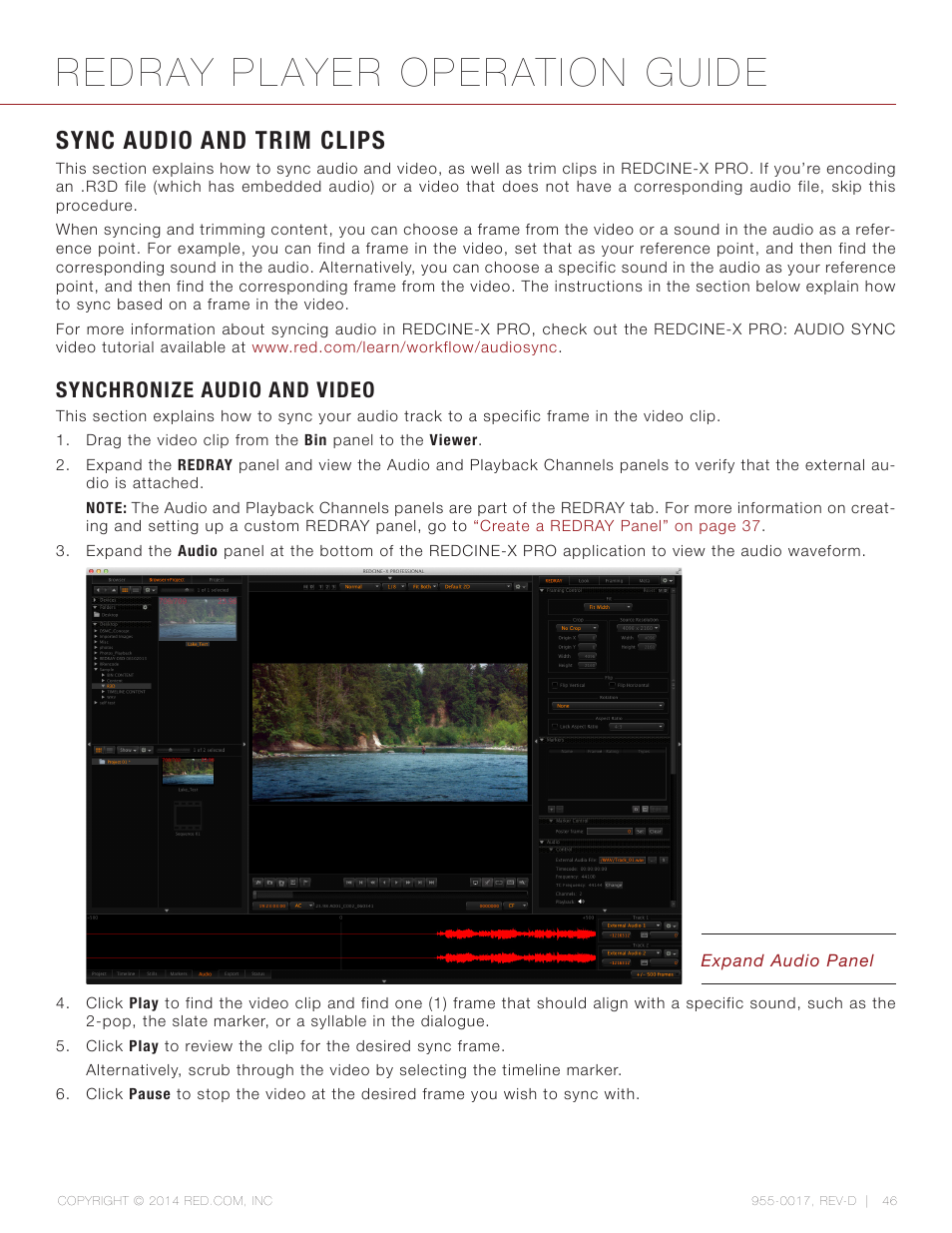 Sync audio and trim clips, Synchronize audio and video, Redray player operation guide | RED REDRAY PLAYER User Manual | Page 46 / 66