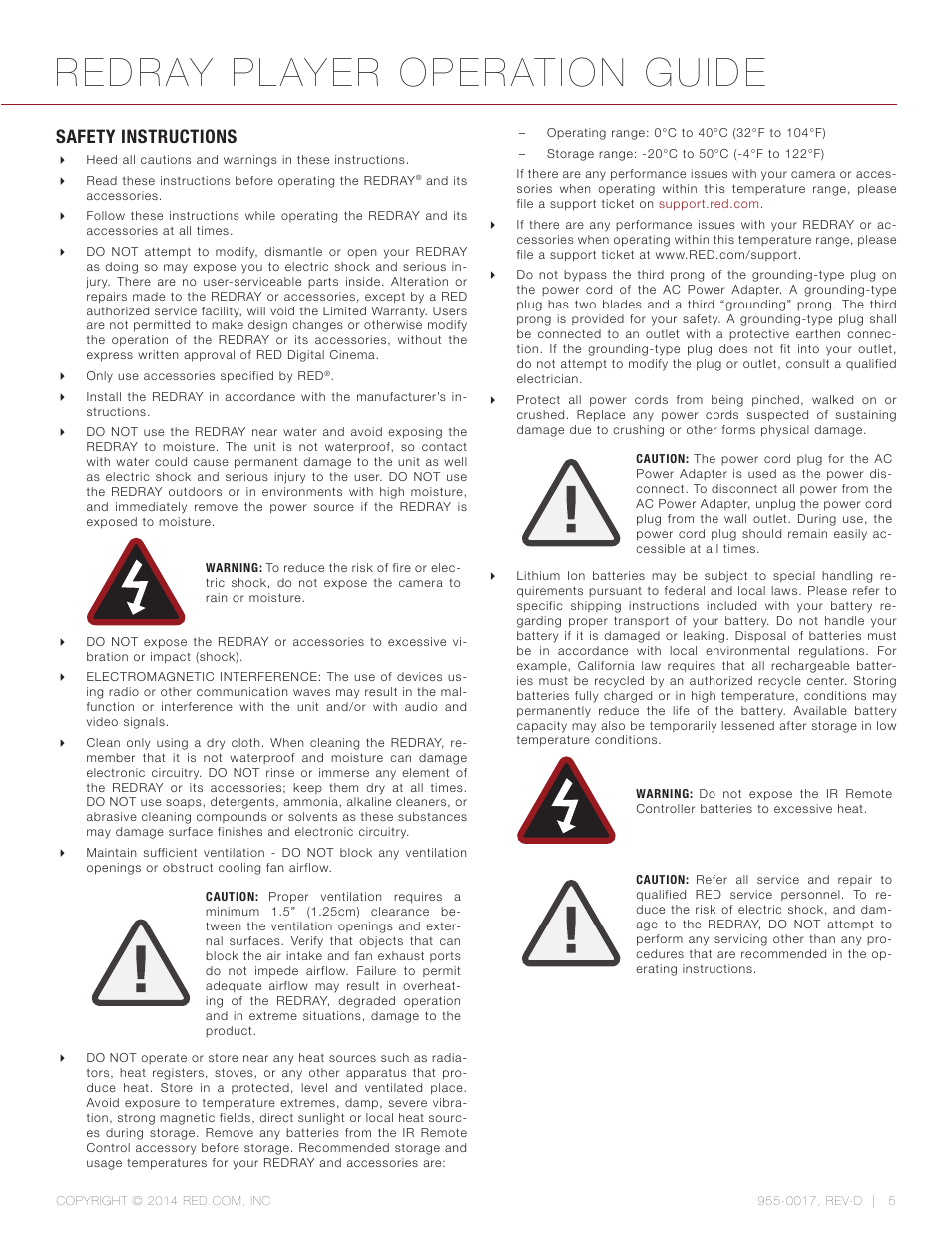 Safety instructions, Redray player operation guide | RED REDRAY PLAYER User Manual | Page 5 / 66