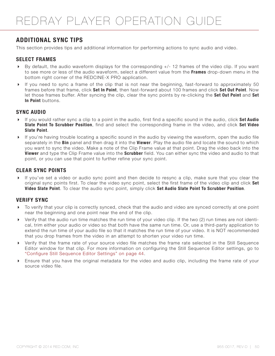 Additional sync tips, Select frames, Sync audio | Clear sync points, Verify sync, Redray player operation guide | RED REDRAY PLAYER User Manual | Page 50 / 66