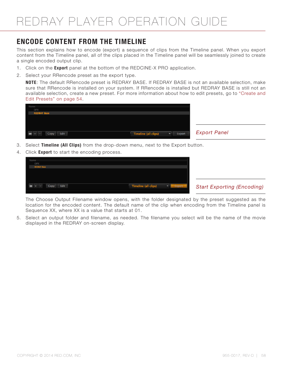 Encode content from the timeline, Redray player operation guide | RED REDRAY PLAYER User Manual | Page 58 / 66