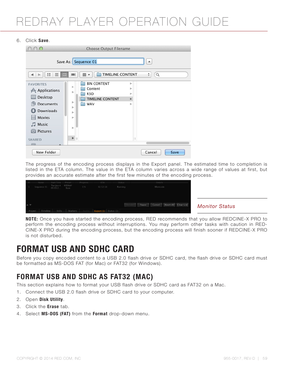 Format usb and sdhc card, Format usb and sdhc as fat32 (mac), Redray player operation guide | RED REDRAY PLAYER User Manual | Page 59 / 66