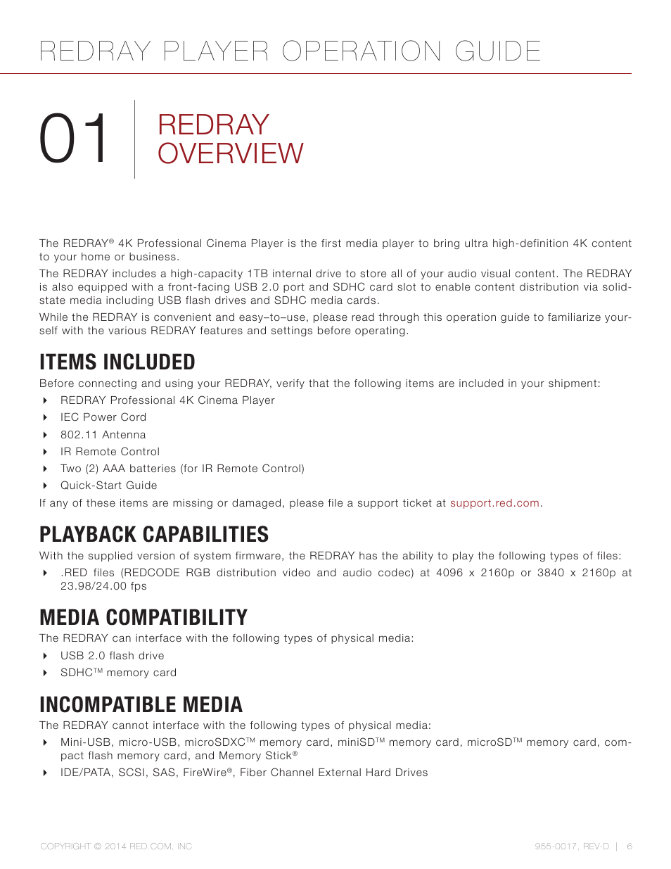 Redray overview, Items included, Playback capabilities | Media compatibility, Incompatible media, Redray player operation guide | RED REDRAY PLAYER User Manual | Page 6 / 66