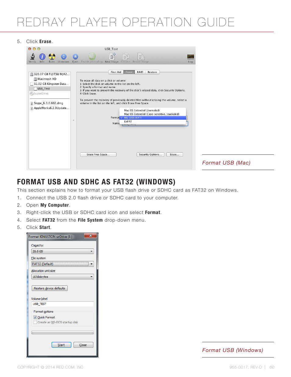 Format usb and sdhc as fat32 (windows), Redray player operation guide | RED REDRAY PLAYER User Manual | Page 60 / 66