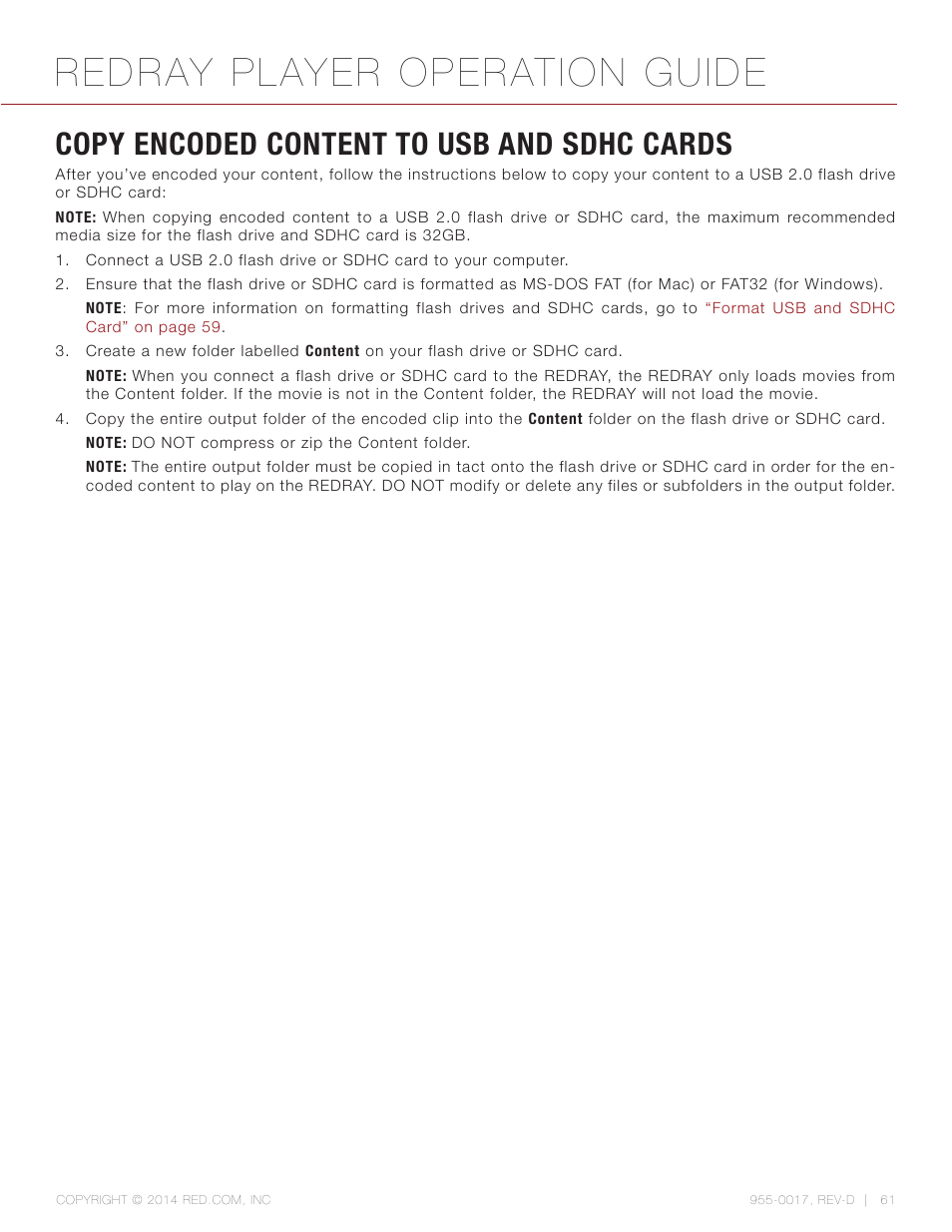 Copy encoded content to usb and sdhc cards, Copy encoded content to usb and sdhc cards 61, Copy encoded content to usb and sdhc | Redray player operation guide | RED REDRAY PLAYER User Manual | Page 61 / 66