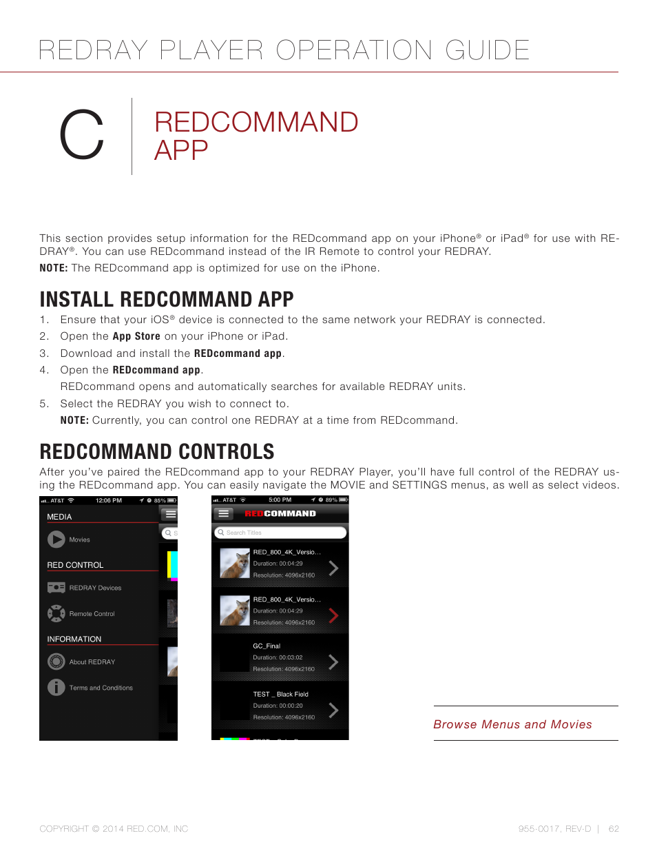 Redcommand app, Install redcommand app, Redcommand controls | Redray player operation guide | RED REDRAY PLAYER User Manual | Page 62 / 66