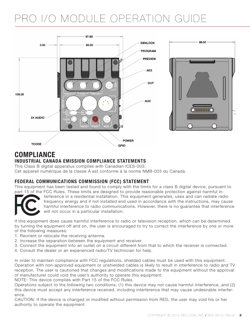Compliance, Pro i/o module operation guide | RED PRO I/O MODULE User Manual | Page 9 / 11
