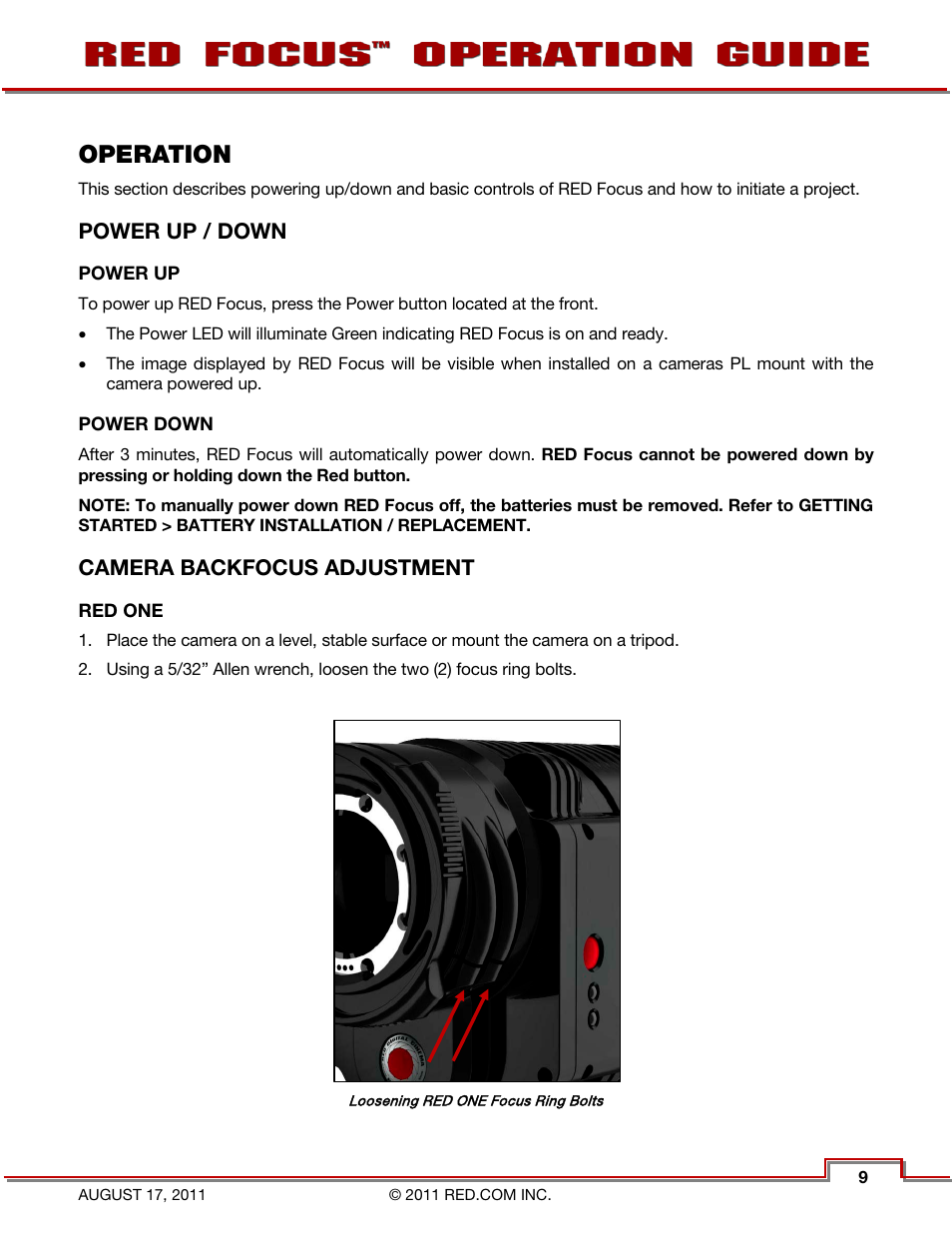 Operation, Power up / down, Power up | Power down, Camera backfocus adjustment, Red one | RED FOCUS User Manual | Page 10 / 18
