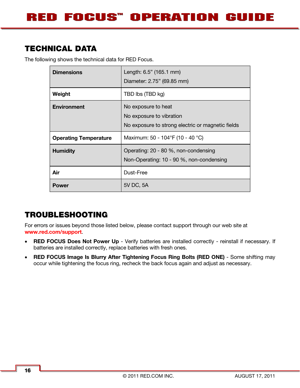 Technical data, Troubleshooting | RED FOCUS User Manual | Page 17 / 18