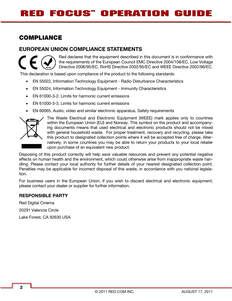 Compliance, European union compliance statements, Responsible party | RED FOCUS User Manual | Page 3 / 18