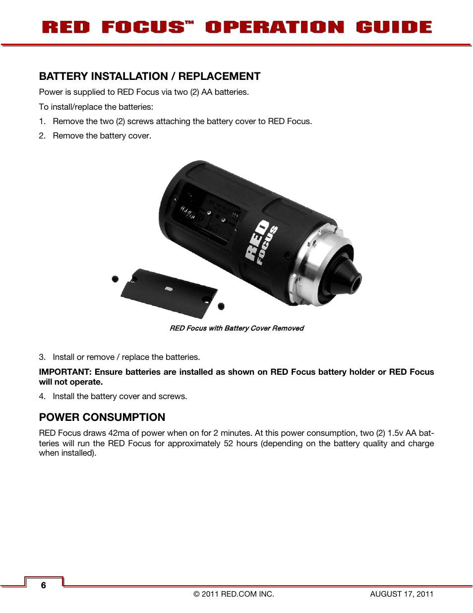 Battery installation / replacement, Power consumption | RED FOCUS User Manual | Page 7 / 18