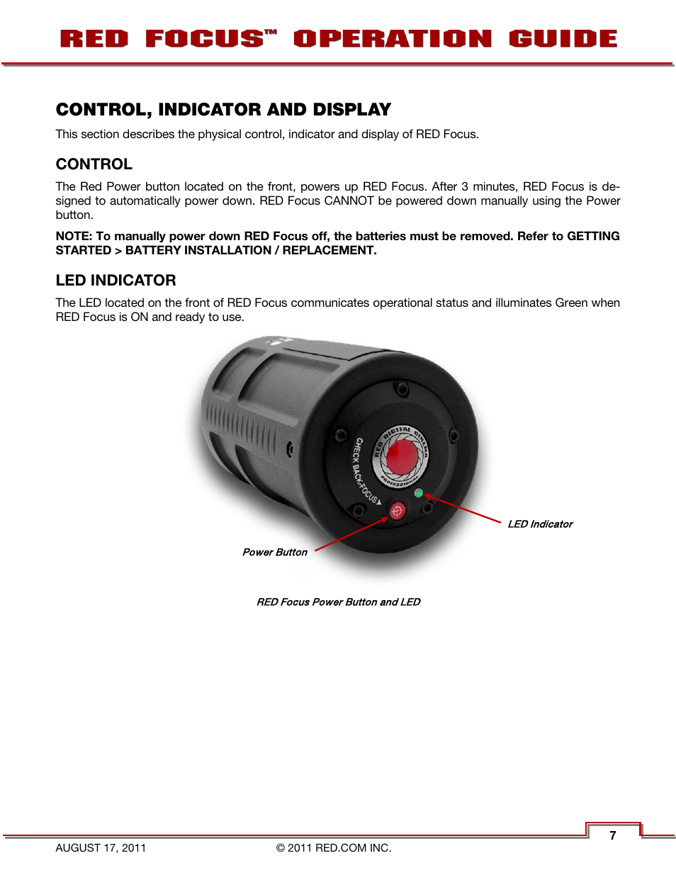 Control, indicator and display, Control, Led indicator | RED FOCUS User Manual | Page 8 / 18