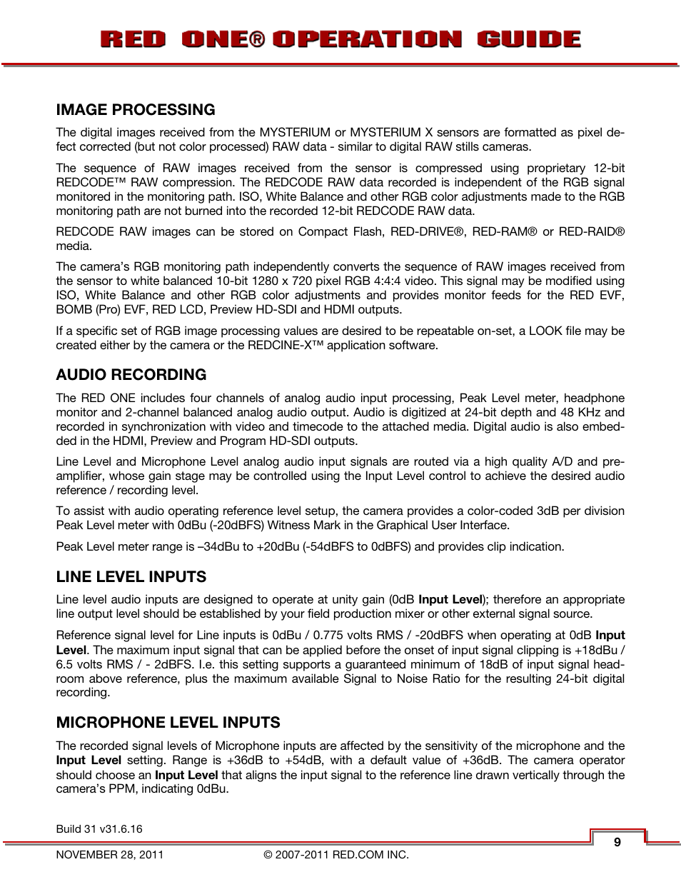 Image processing, Audio recording, Line level inputs | Microphone level inputs | RED ONE OPERATION GUIDE User Manual | Page 10 / 165