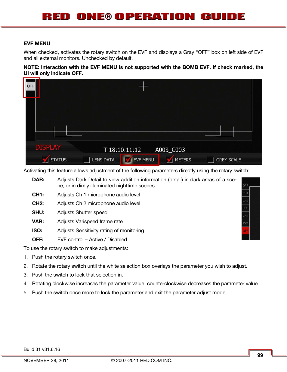 Evf menu | RED ONE OPERATION GUIDE User Manual | Page 100 / 165