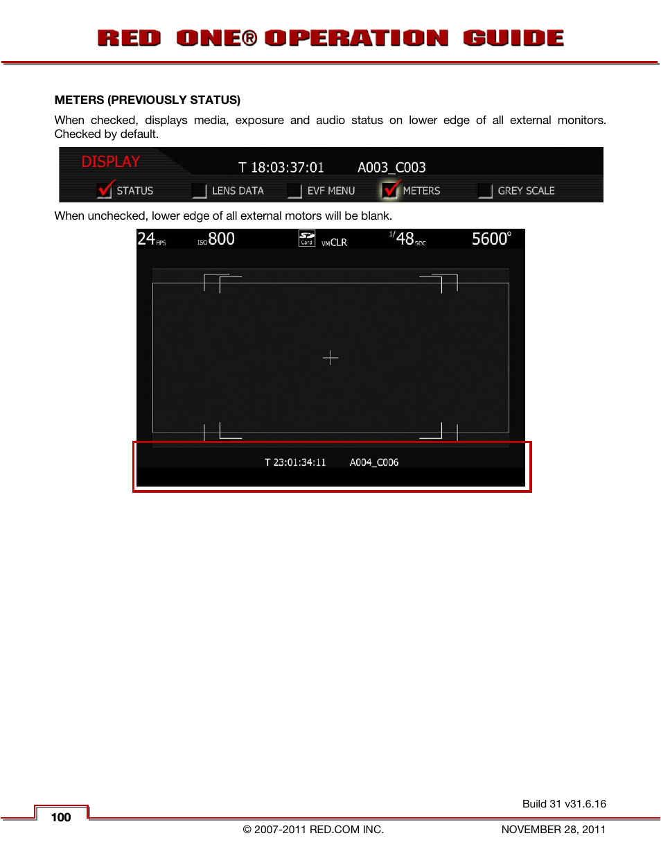 Meters (previously status) | RED ONE OPERATION GUIDE User Manual | Page 101 / 165