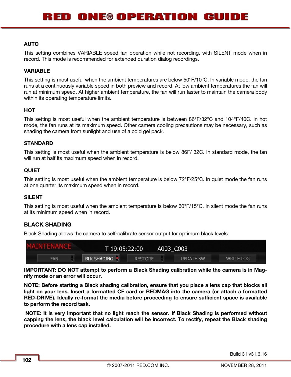 Auto, Variable, Standard | Quiet, Silent, Black shading | RED ONE OPERATION GUIDE User Manual | Page 103 / 165