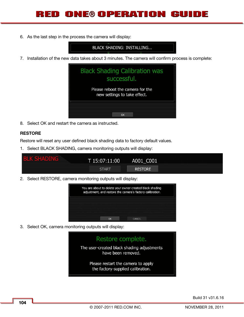 Restore | RED ONE OPERATION GUIDE User Manual | Page 105 / 165