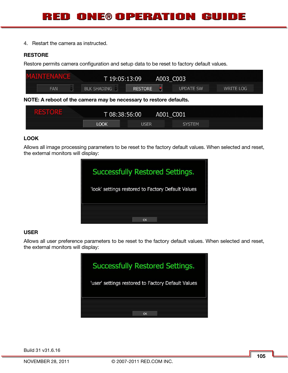 Restore, Look, User | RED ONE OPERATION GUIDE User Manual | Page 106 / 165