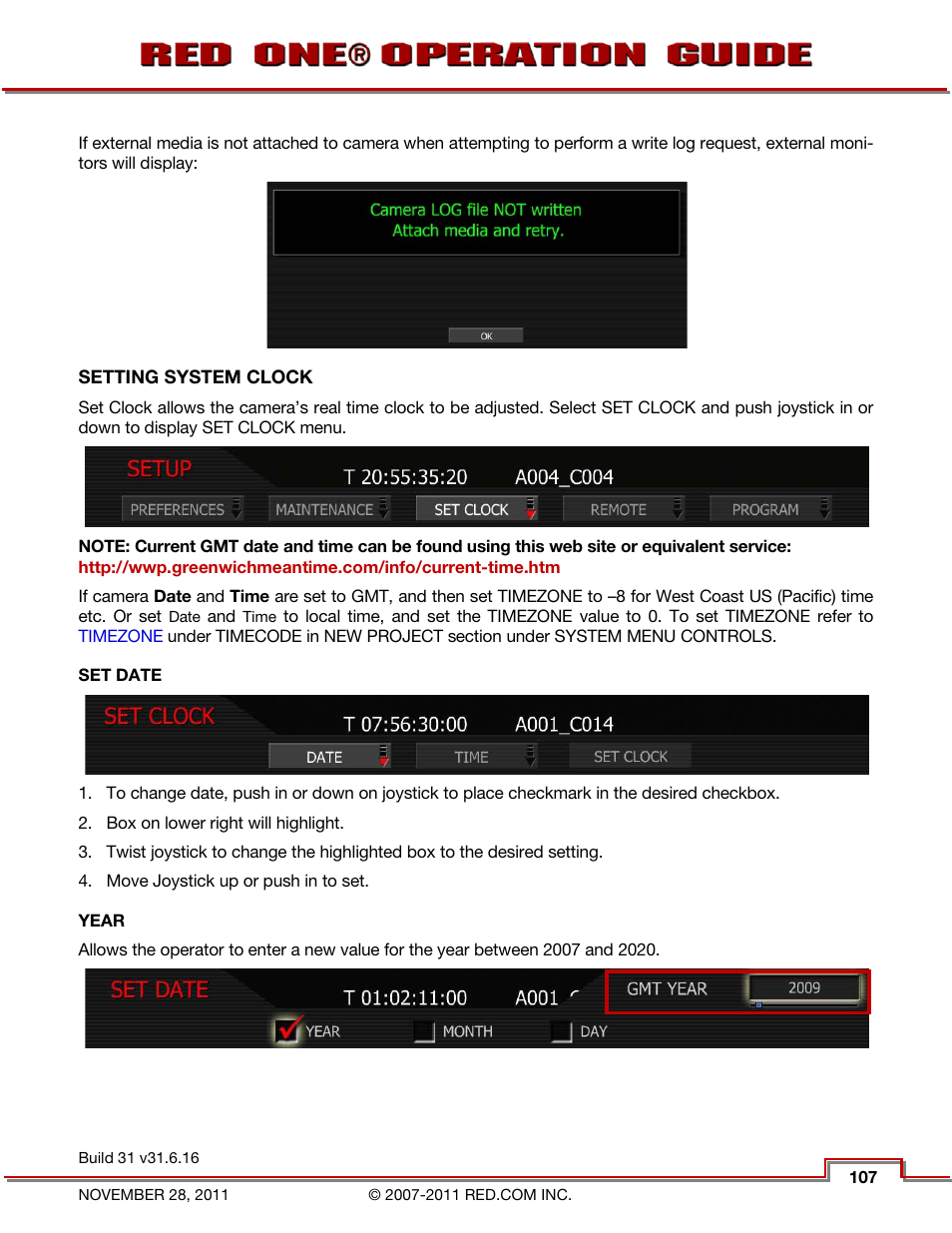 Setting system clock, Set date, Year | RED ONE OPERATION GUIDE User Manual | Page 108 / 165