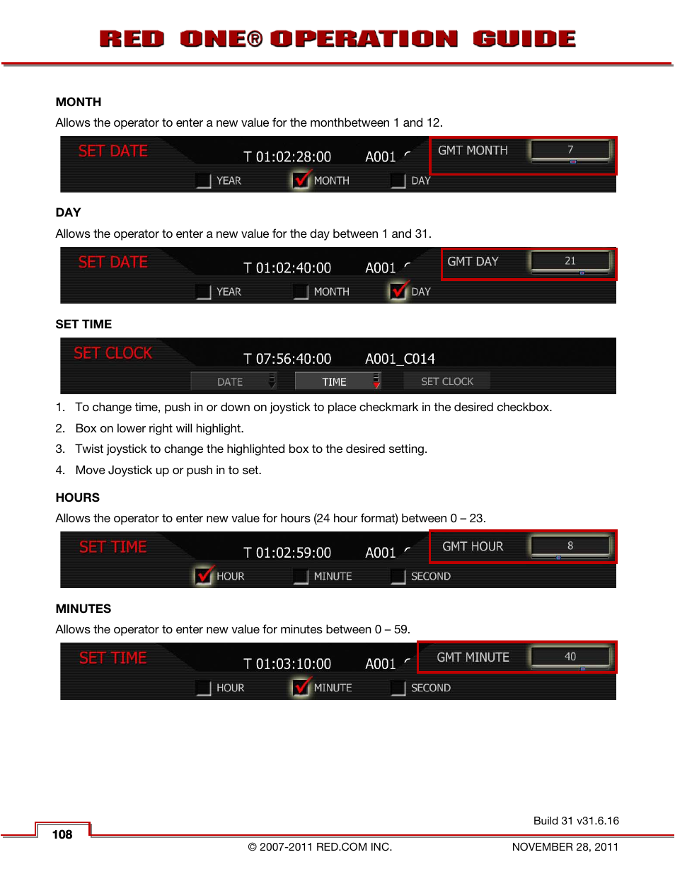 Month, Set time, Hours | Minutes | RED ONE OPERATION GUIDE User Manual | Page 109 / 165