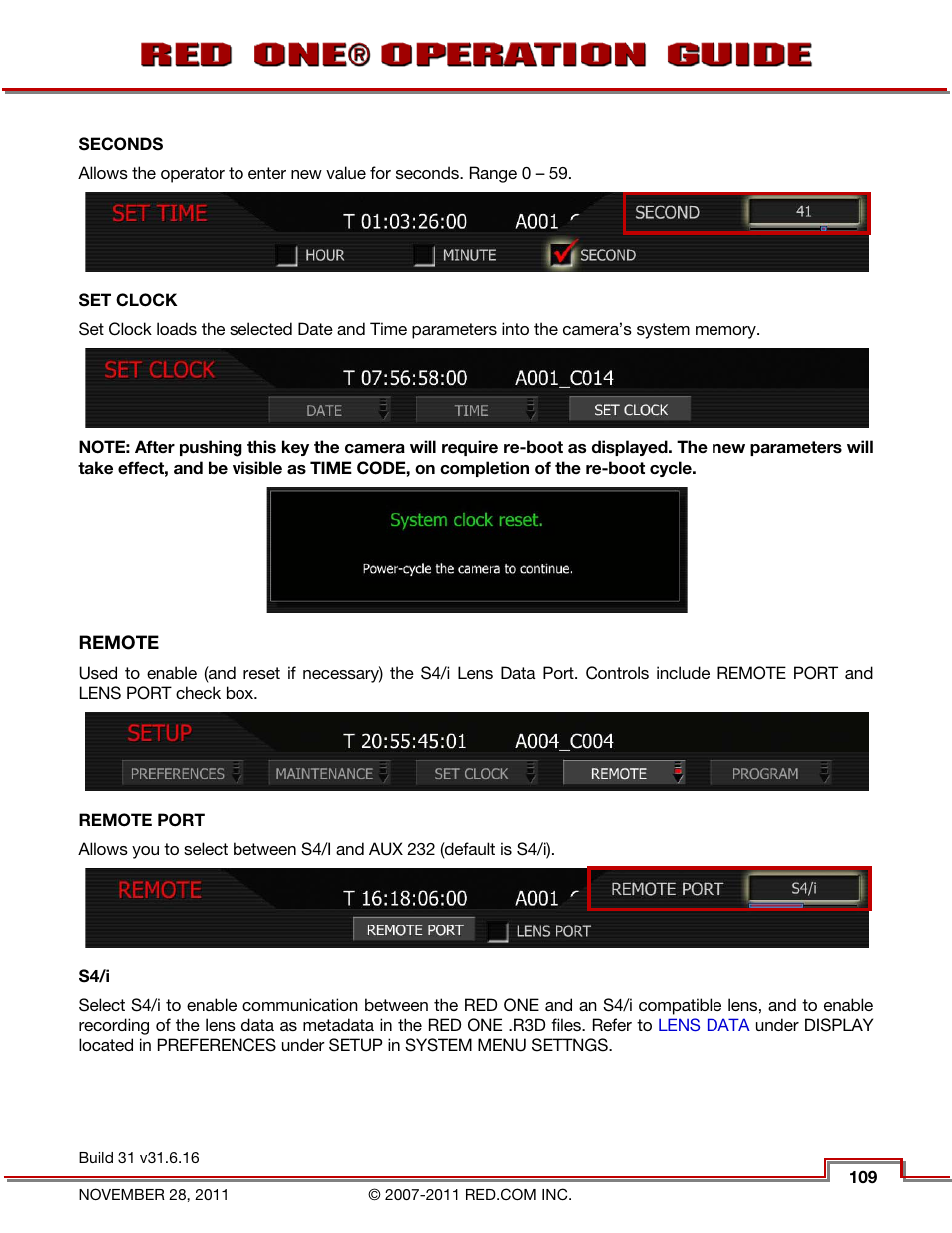 Seconds, Set clock, Remote | Remote port, S4/i | RED ONE OPERATION GUIDE User Manual | Page 110 / 165