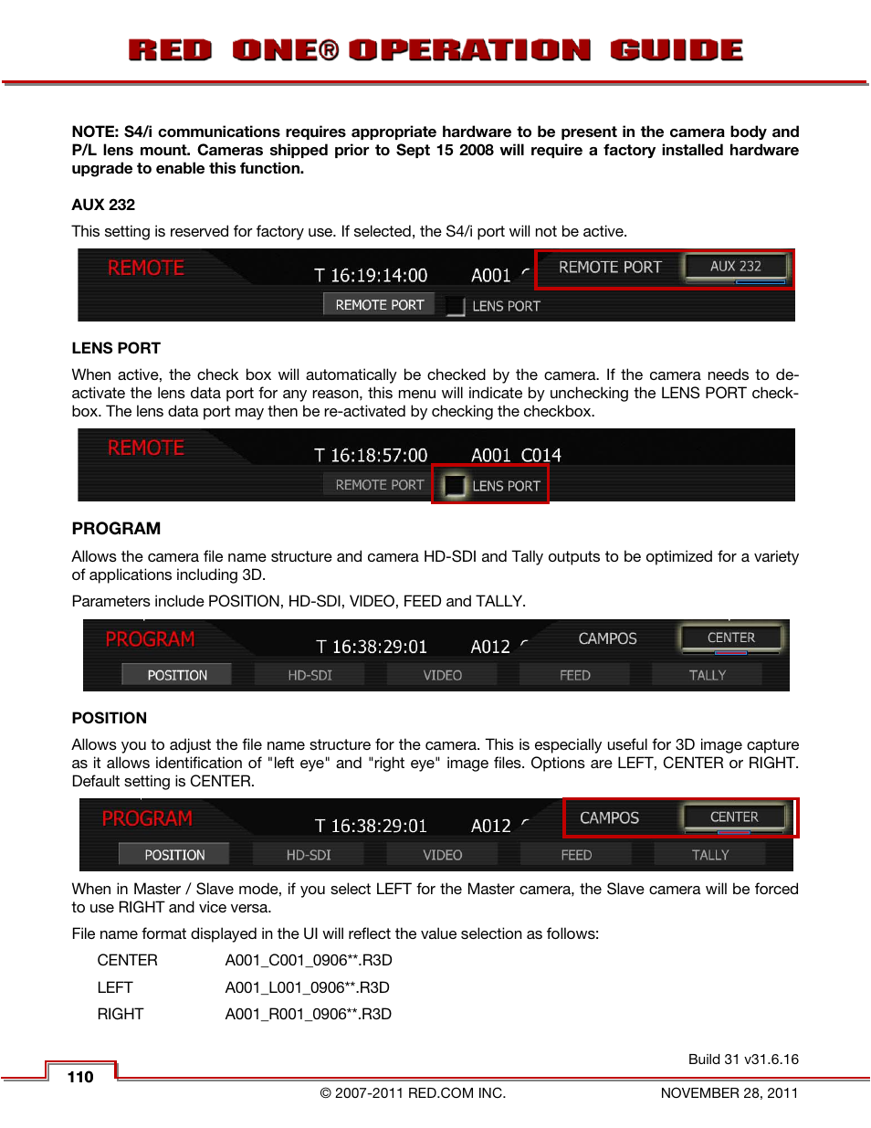 Aux 232, Lens port, Program | Position, Tally | RED ONE OPERATION GUIDE User Manual | Page 111 / 165
