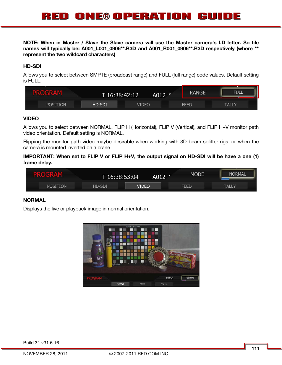 Hd-sdi, Video, Normal | RED ONE OPERATION GUIDE User Manual | Page 112 / 165