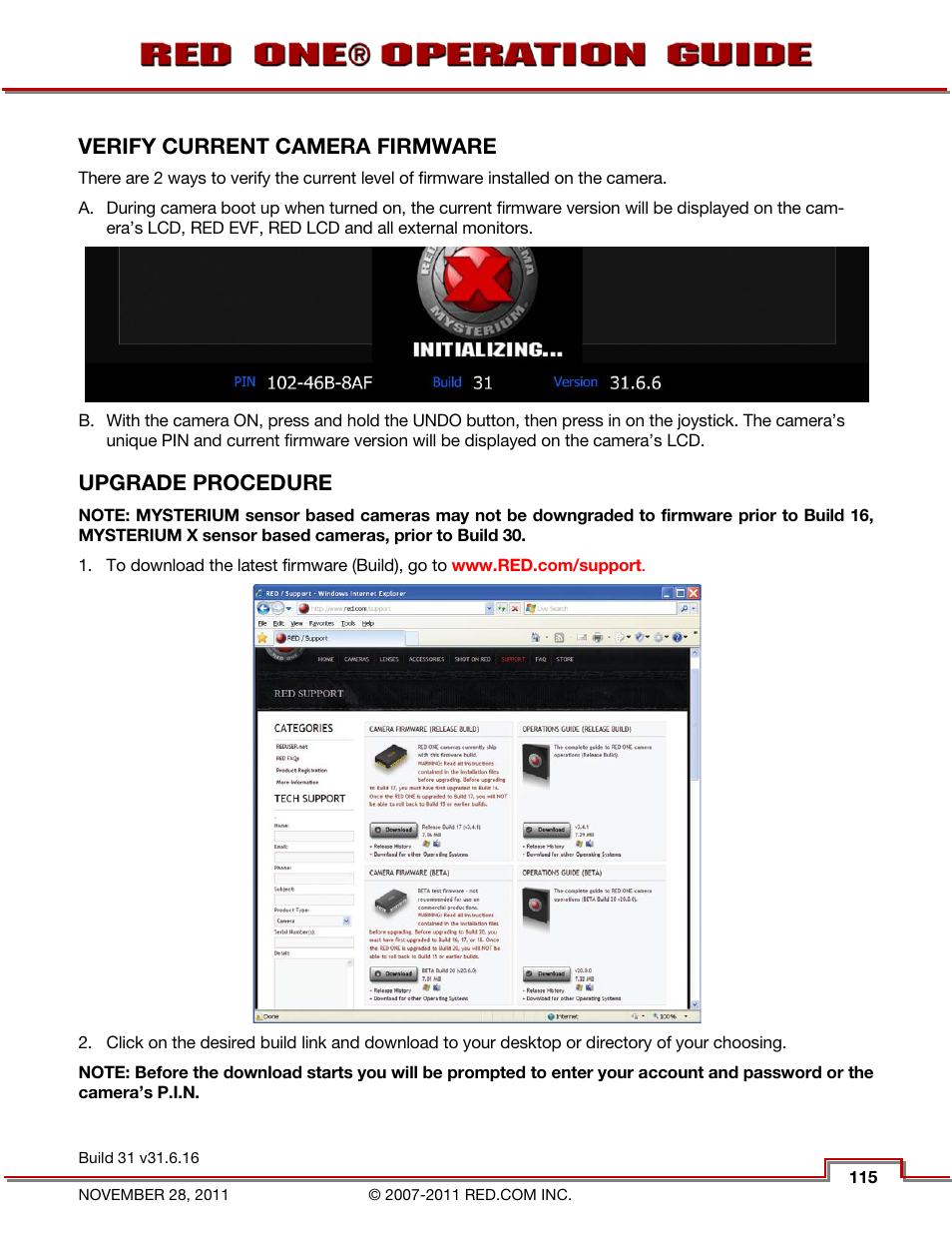 Verify current camera firmware, Upgrade procedure | RED ONE OPERATION GUIDE User Manual | Page 116 / 165