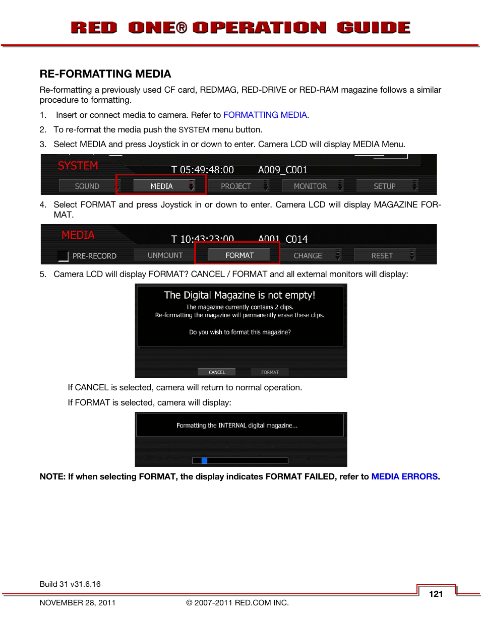Re-formatting media | RED ONE OPERATION GUIDE User Manual | Page 122 / 165