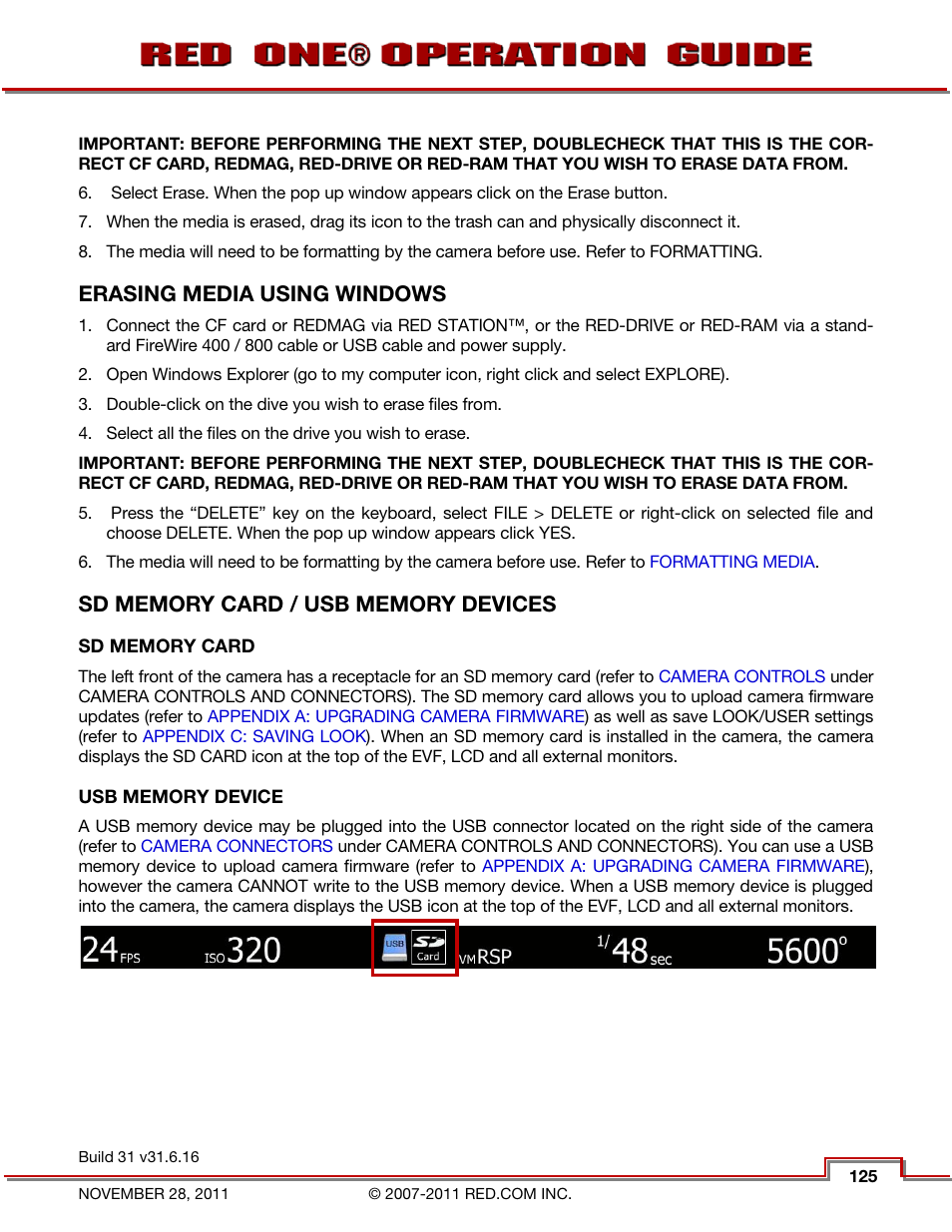 Erasing media using windows, Sd memory card / usb memory devices, Sd memory card | Usb memory device, Erasing media using, Windows, Sd memory card / usb, Memory devices, Media errors | RED ONE OPERATION GUIDE User Manual | Page 126 / 165