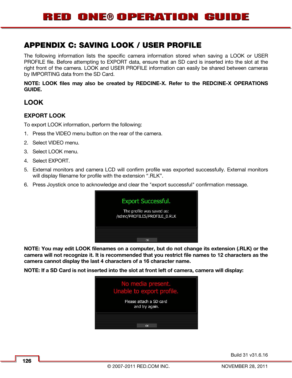 Appendix c: saving look / user profile, Look, Export look | Appen, Dix c: saving look, Appendix c: saving look | RED ONE OPERATION GUIDE User Manual | Page 127 / 165