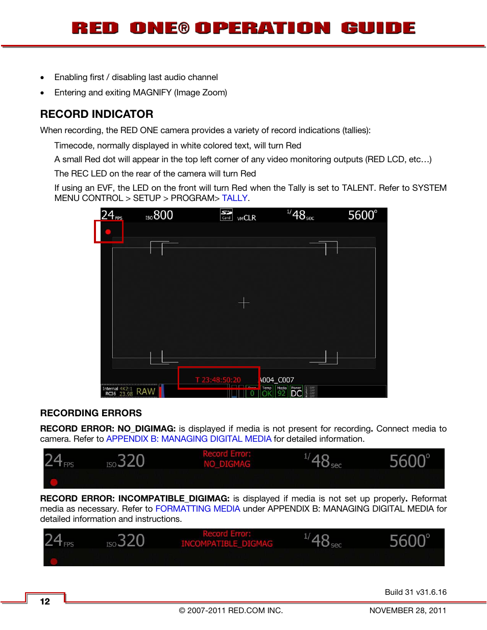 Record indicator, Recording errors | RED ONE OPERATION GUIDE User Manual | Page 13 / 165
