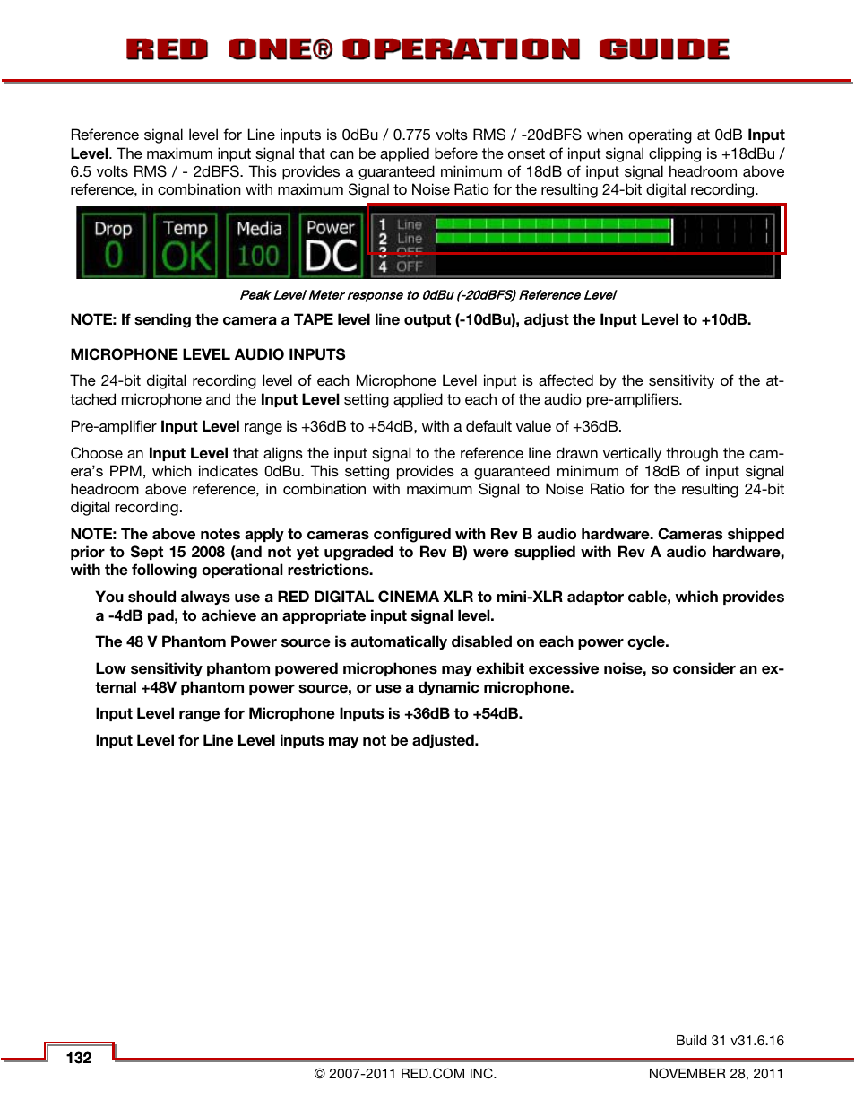 Microphone level audio inputs | RED ONE OPERATION GUIDE User Manual | Page 133 / 165