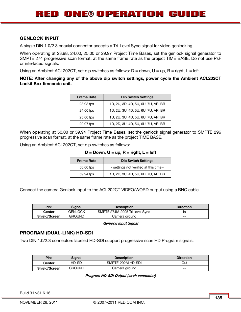 Genlock input, Program (dual-link) hd-sdi, Program (dual-link) hd | Program hd-sdi, Video | RED ONE OPERATION GUIDE User Manual | Page 136 / 165