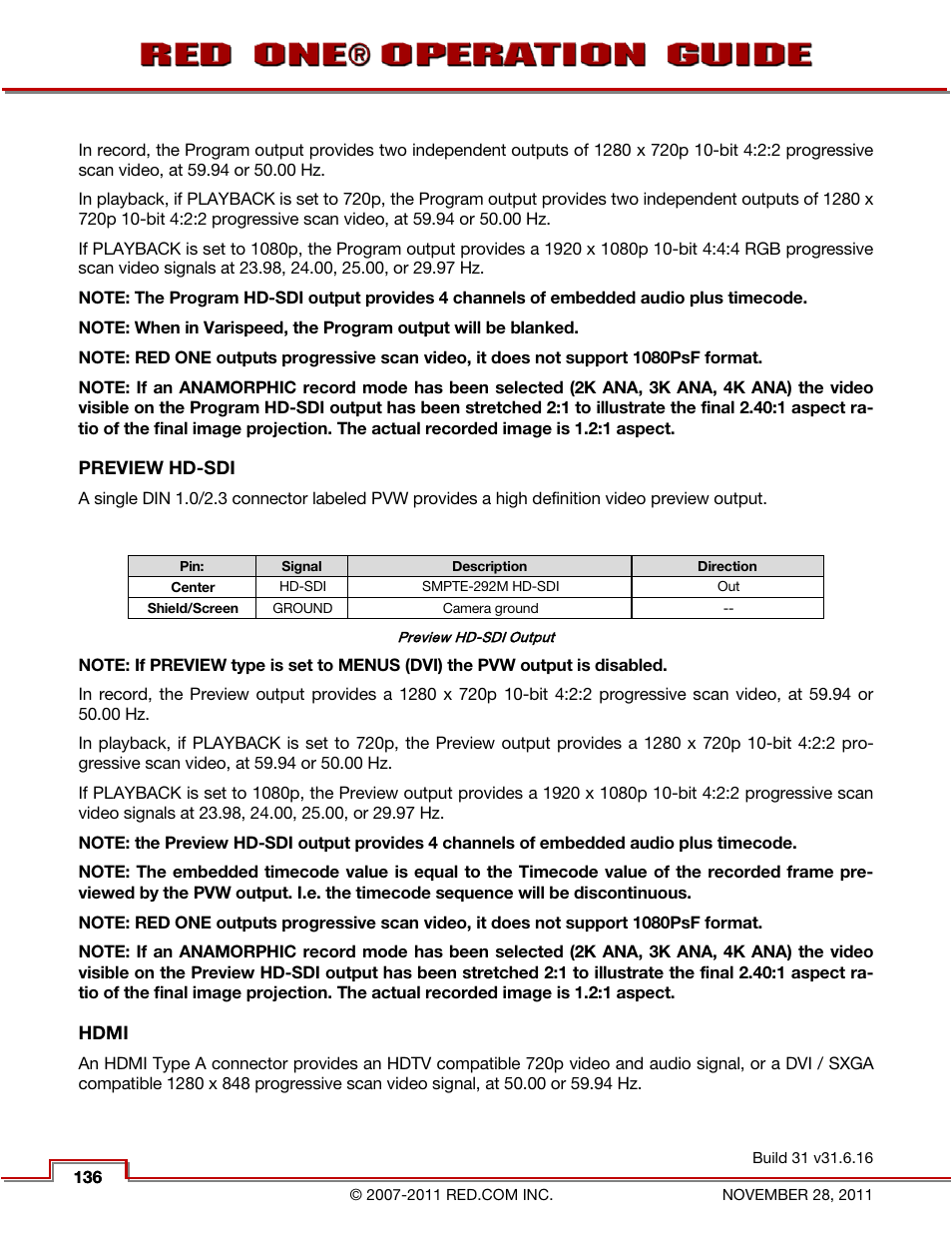 Preview hd-sdi, Hdmi, Hd-sdi | RED ONE OPERATION GUIDE User Manual | Page 137 / 165