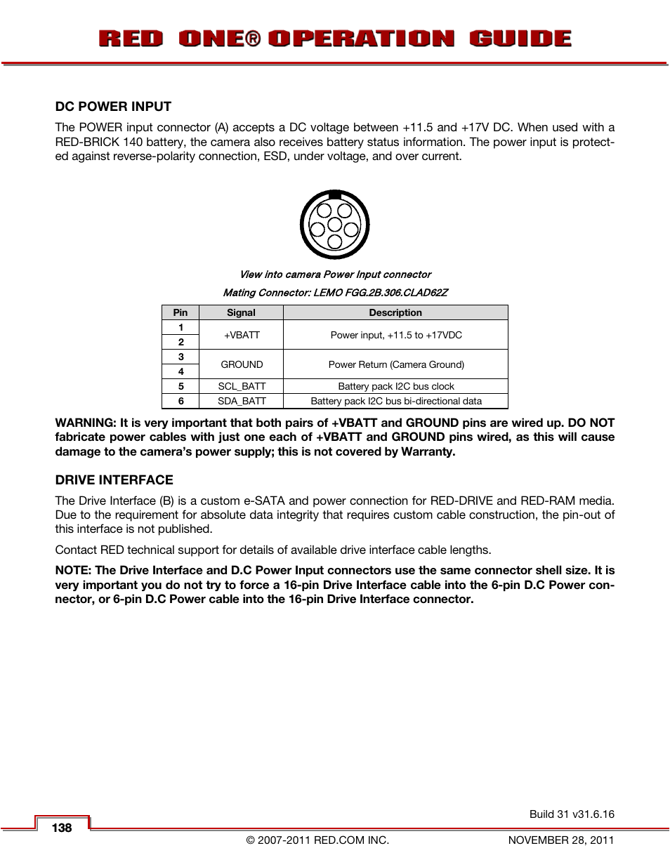 Dc power input, Drive interface, Drive connector | RED ONE OPERATION GUIDE User Manual | Page 139 / 165