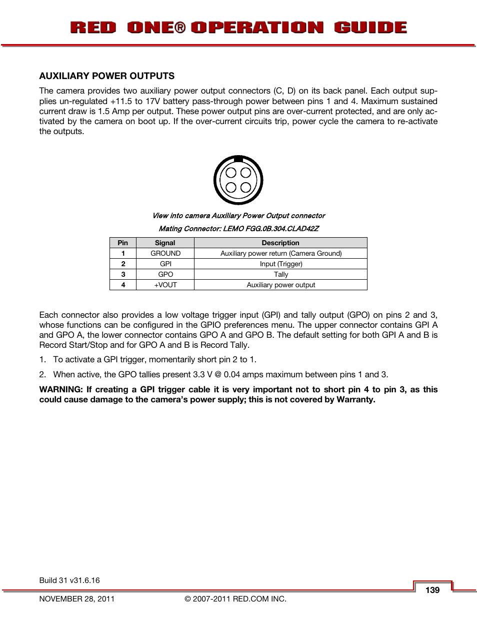 Auxiliary power outputs, Appendix e, Master / slave camera configuration | Appendix e: master / slave camera configuration | RED ONE OPERATION GUIDE User Manual | Page 140 / 165