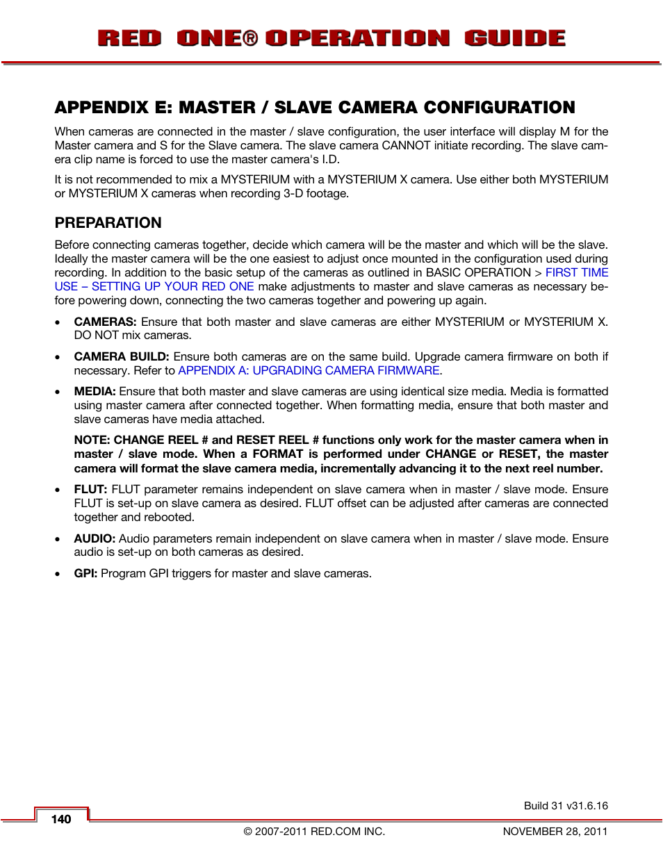 Appendix e: master / slave camera configuration, Preparation, Appendix e: master / slave camera | Configuration, Appendix e: master / slave camera con, Figuration | RED ONE OPERATION GUIDE User Manual | Page 141 / 165