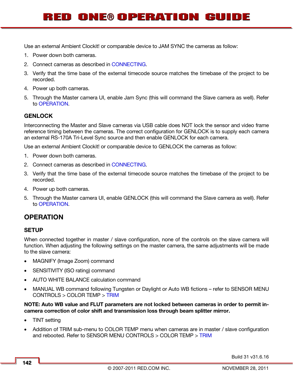 Genlock, Operation, Setup | RED ONE OPERATION GUIDE User Manual | Page 143 / 165