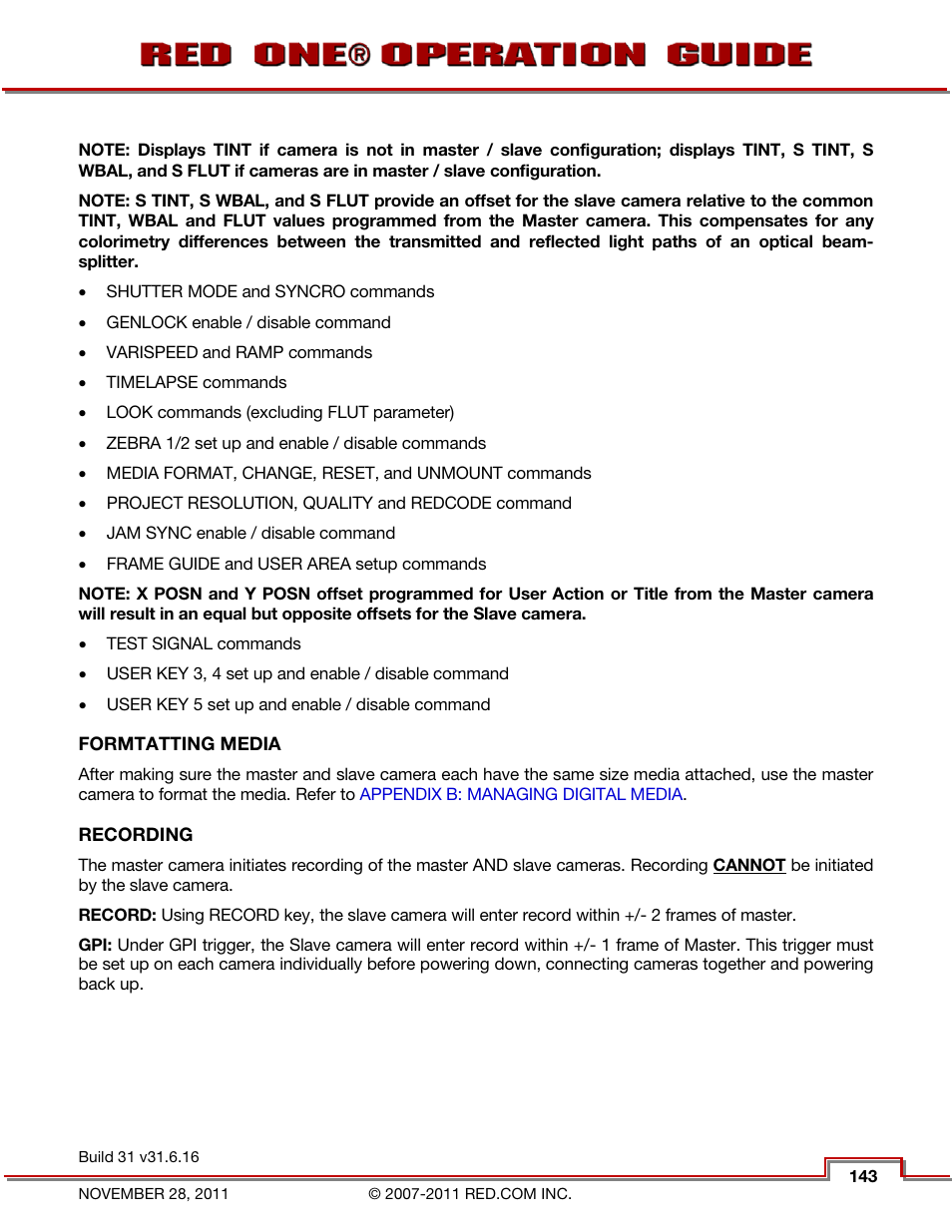 Formtatting media, Recording | RED ONE OPERATION GUIDE User Manual | Page 144 / 165