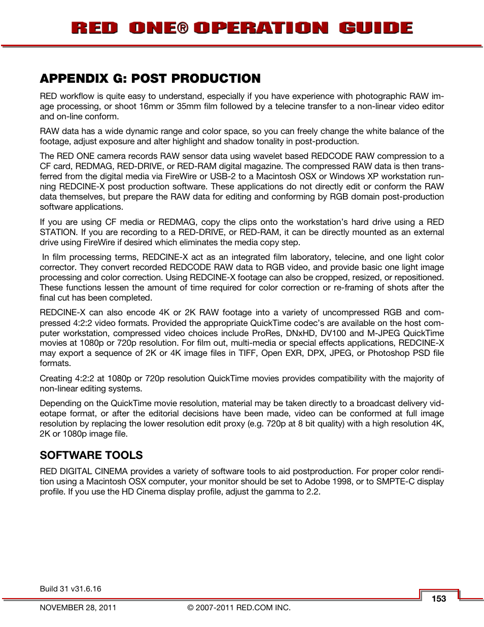 Appendix g: post production, Software tools | RED ONE OPERATION GUIDE User Manual | Page 154 / 165