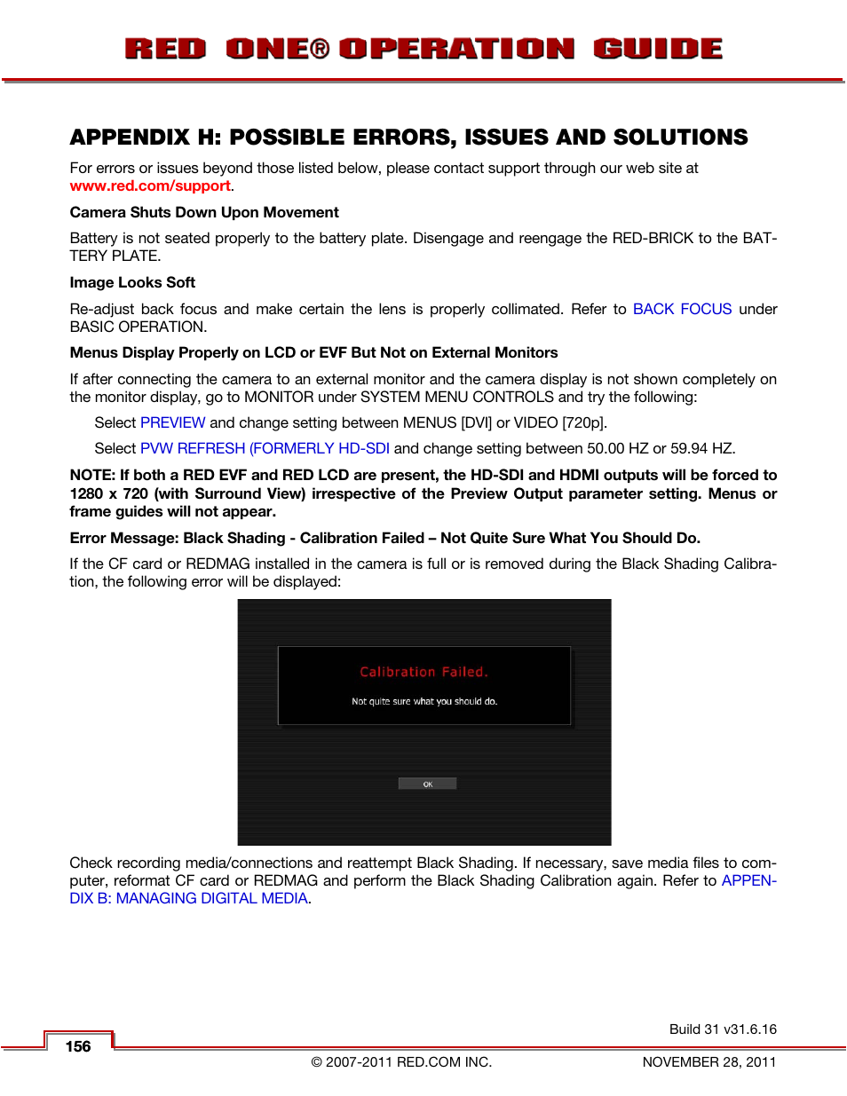 Appendix h: possible errors, issues and solutions, Appendix h: possible, Errors, issues and | Solutions | RED ONE OPERATION GUIDE User Manual | Page 157 / 165