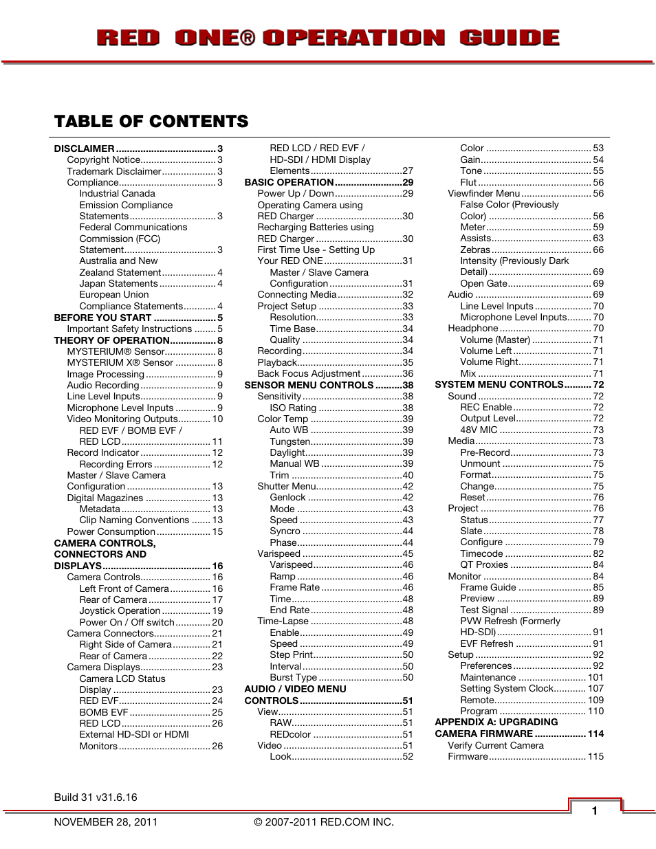 RED ONE OPERATION GUIDE User Manual | Page 2 / 165