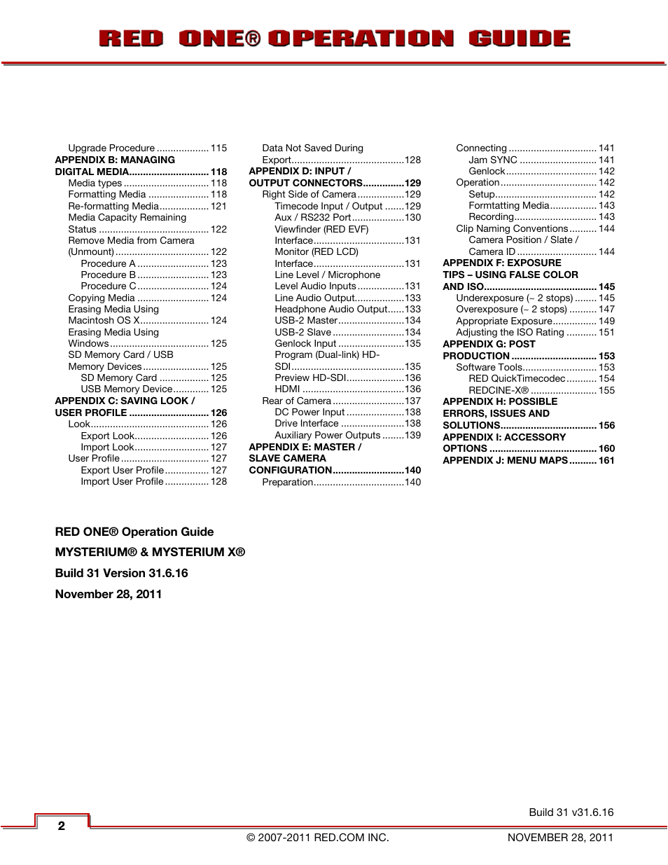 2 of 2 | RED ONE OPERATION GUIDE User Manual | Page 3 / 165