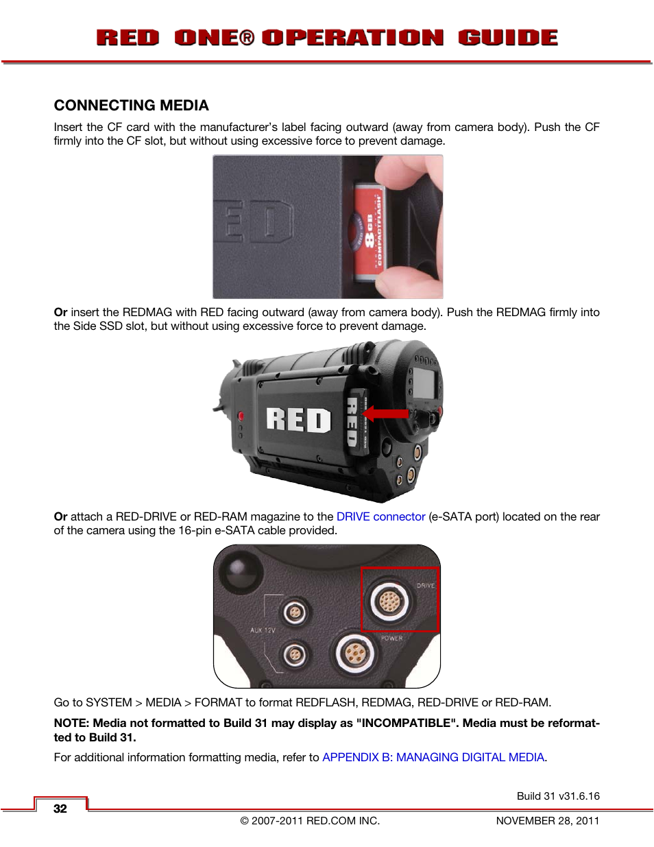 Connecting media | RED ONE OPERATION GUIDE User Manual | Page 33 / 165