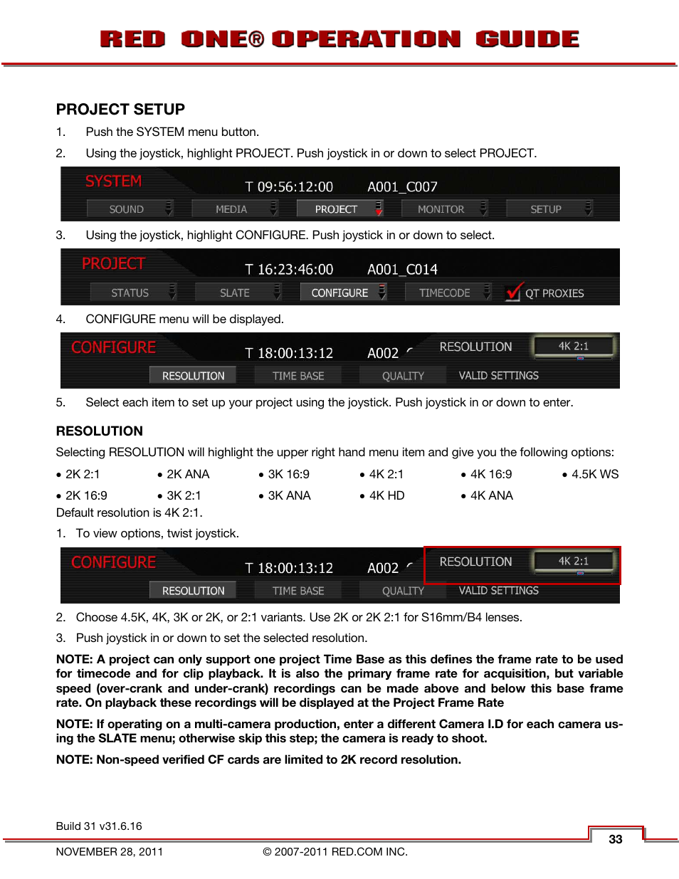 Project setup, Resolution, Project | RED ONE OPERATION GUIDE User Manual | Page 34 / 165