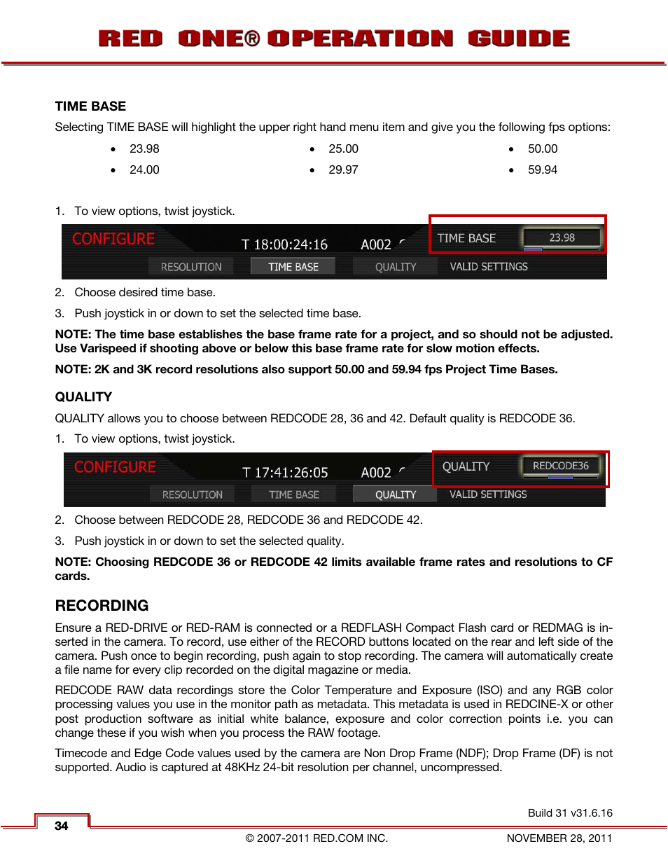 Time base, Quality, Recording | RED ONE OPERATION GUIDE User Manual | Page 35 / 165